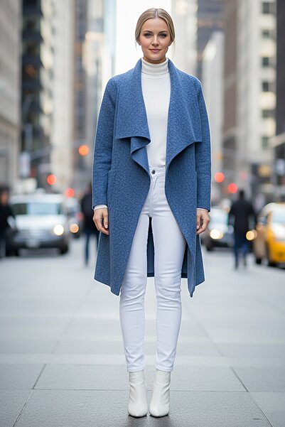 Chiccy Jachetă italiană albastră cu guler șal, cu mânecă lungă, cu buzunare, subțire, casual, cașmir Ov supradimensionat 105 65