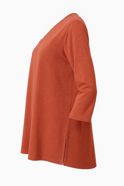 Şans Women's Plus Size Dusty Rose, Organic Cotton, V-Neck Lace Detail, 3/4 Sleeve Blouse 65N39264