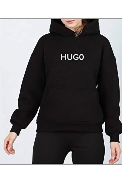 HUG0 Unisex Printed Basic K Hooded Sweatshirt with Fleece Inside