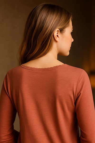 Şans Women's Plus Size Dusty Rose, Organic Cotton, V-Neck Lace Detail, 3/4 Sleeve Blouse 65N39264