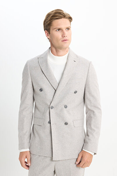 ALTINYILDIZ CLASSICS Men's Stone Wool Slim Fit Slim Fit Swallow Collar Flap Pocket Double-Breasted Suit