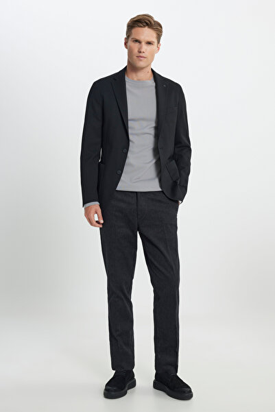 ALTINYILDIZ CLASSICS Men's Black Slim Fit Slim Fit Mono Collar Tie Waist Diagonal Patterned Bag Pocket Suit