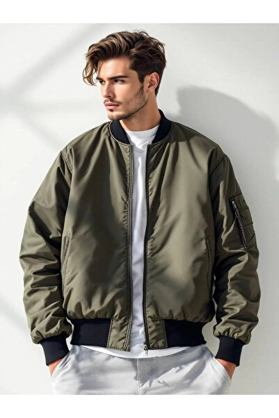 Agolady Ανδρικό Χακί Oversize Bomber Jacket με Κολεγιακό Γιακά