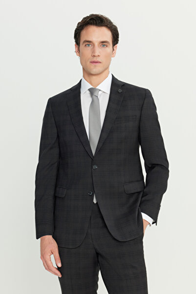ALTINYILDIZ CLASSICS Men's Black 100% Wool Slim Fit Slim Fit Mono Collar Flap Pocket Checked Suit