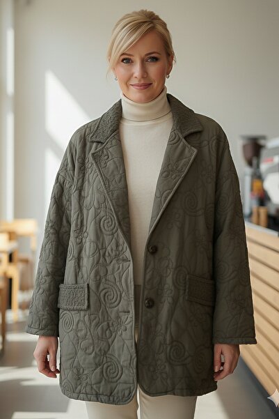 Chiccy Italian Khaki Jacket Collar Long Sleeve Buttoned Allover Embroidered Quilted O Oversized Woven Jacket 78 70