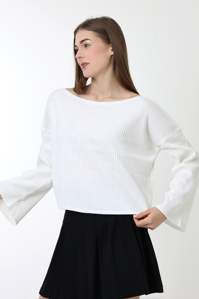 Devinka Γυναικεία λευκή ισπανική μπλούζα με φαρδύ γιακά casual πλεκτό