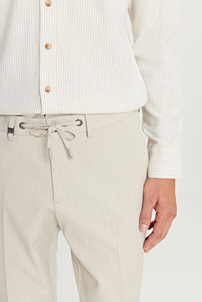 ALTINYILDIZ CLASSICS Men's Beige Slim Fit Slim Fit Tie-Waist Casual Stretchy Trousers with Side Pockets