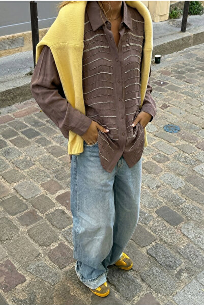 FEMELLE Καφέ πουκάμισο oversized με χάντρες (Ταιριάζει έως και μέγεθος 48)