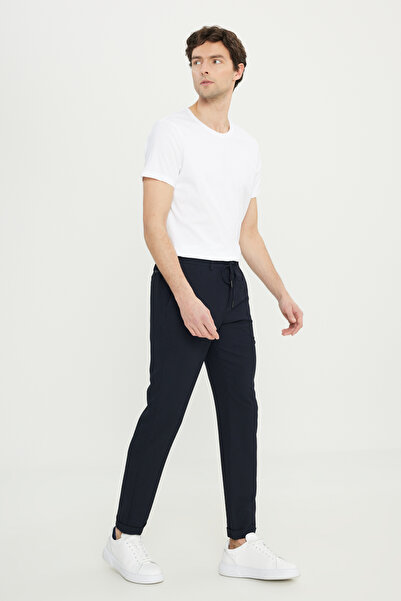 ALTINYILDIZ CLASSICS Ανδρικό παντελόνι από μάλλινο μπλε ναυτικό χρώμα, χαλαρή εφαρμογή, άνετο κοψίματο, ελαστικό παντελόνι με μοτίβο γκόφρε με δέσιμο στη μέση