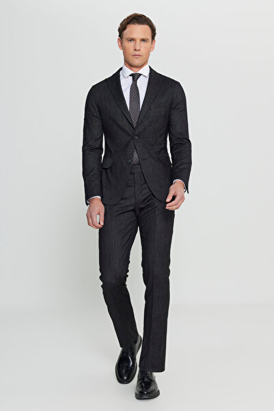 ALTINYILDIZ CLASSICS Men's Black Slim Fit Slim Fit Swallow Collar Patterned Cover Pocket Suit