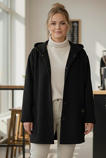 Chiccy Italian Black K Hooded Long Sleeve Buttoned Pocket Casual Velvet O Oversized Woven Jacket 80 70