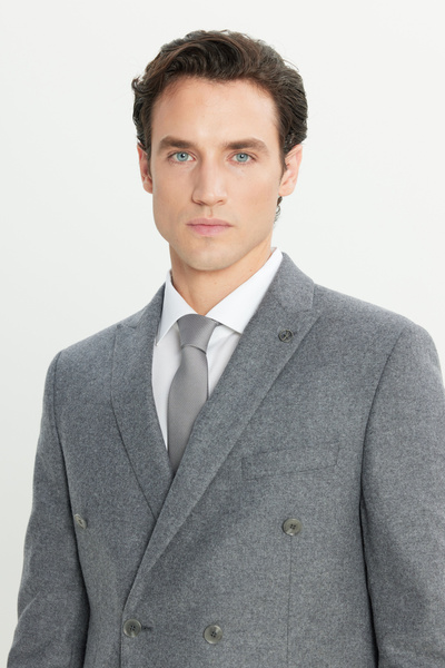 ALTINYILDIZ CLASSICS Men's Gray Wool Slim Fit Slim Fit Swallow Collar Flap Pocket Double-Breasted Suit