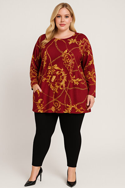 HÜLYA BUTİK Plus Size Women's Burgundy Patterned Pocket Knit Textured Blouse