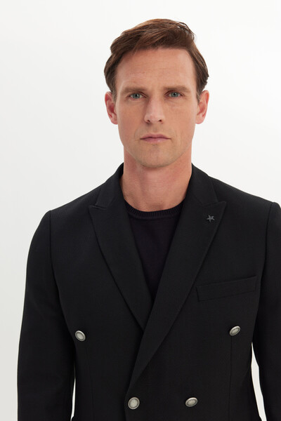 ALTINYILDIZ CLASSICS Men's Black Slim Fit Slim Fit Swallow Collar Dobby Pocket Double-Breasted Blazer Jacket