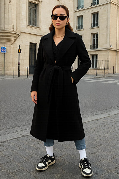 comstar Women's Double-Breasted Casual Trend Black Cashmere Coat