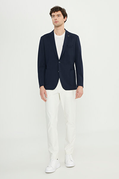 ALTINYILDIZ CLASSICS Men's Navy Blue Cotton Slim Fit Slim Fit Dobby Stretch Blazer Jacket with Pocket