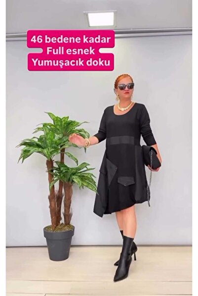 NUR TEKSTİL KADIN SİYAH FUL LİKRALI SMETRİK KESİM ŞIK TASARIM UZUN KOL ELBİSE...