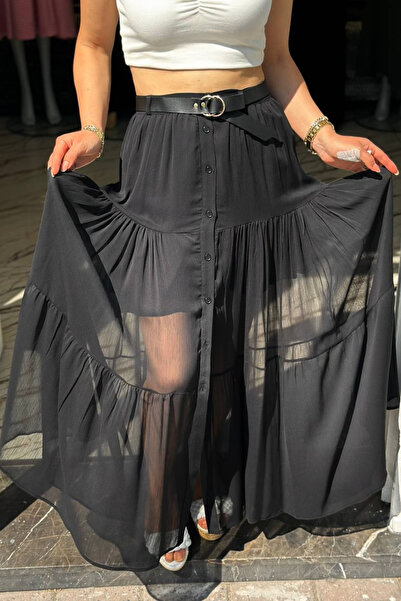 Qualia Butik Women's Mini Lined Buttoned Tulle Skirt