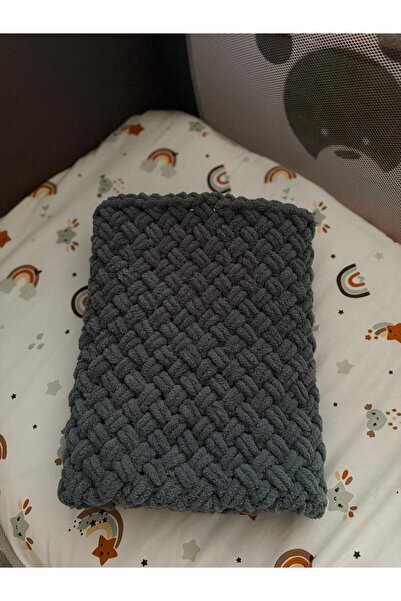 HURİSÖNMEZ Handmade Alize Pufy Soft Knitted Baby Blanket - Anthracite Gray