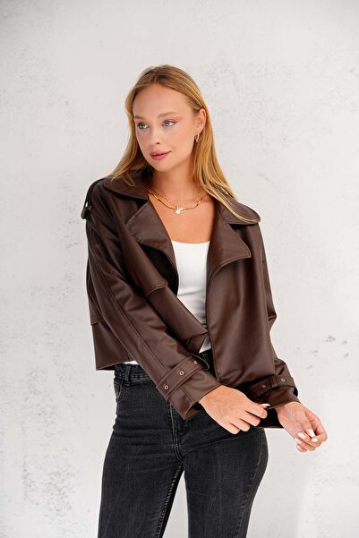 MEECY Oversize Brown Leather Jacket