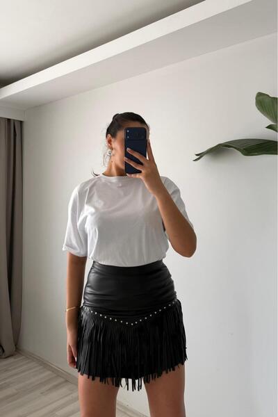 Güneş Püskül Detaylı Suni Deri Mini Etek