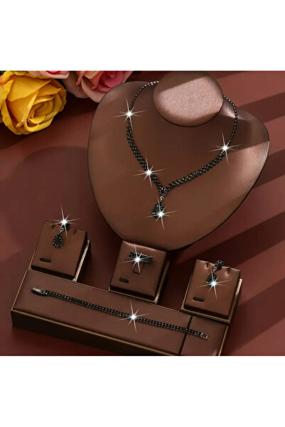 set.up Complete Black Zircon Stone Design Quad Set of Necklace, Earrings, Bracelet and Ring
