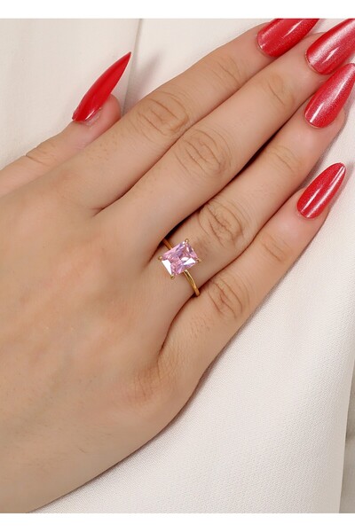 LİNOVE JEWELLERY 925 Ayar Gümüş Pembe Taşlı Tektaş Yüzük, Gümüş Baget Yüzük, ...