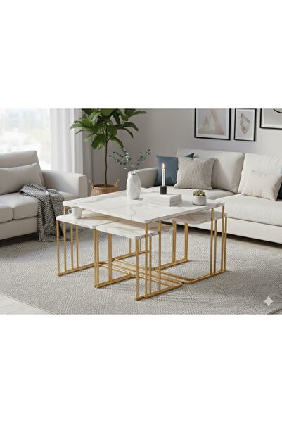 usta mekan Seul 5 li Tekerli Gold Beyaz Mermer Desen Yavrulu 4+1 Kare Orta Sehpa