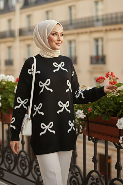 N.S NEVA STYLE Ribbon Patterned Black Hijab Knitwear Sweater Tunic 8754S