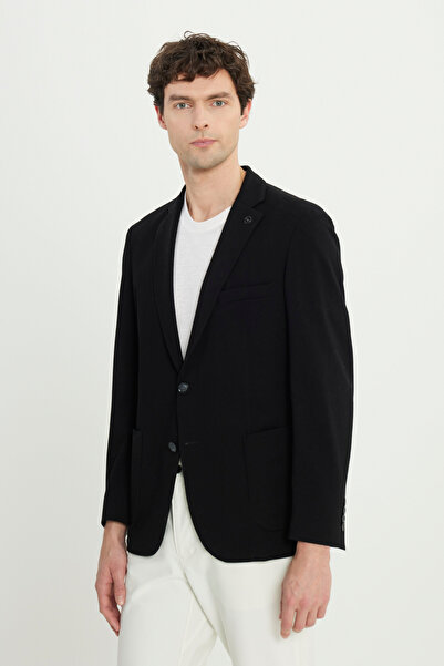 ALTINYILDIZ CLASSICS Men's Black Cotton Slim Fit Slim Fit Dobby Stretch Blazer Jacket with Pocket