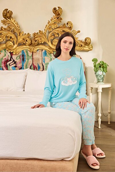 Aydoğan Women's Pajama Set Blue Winter Thermal Crew Neck Long Sleeve 240663 Aydogan ®