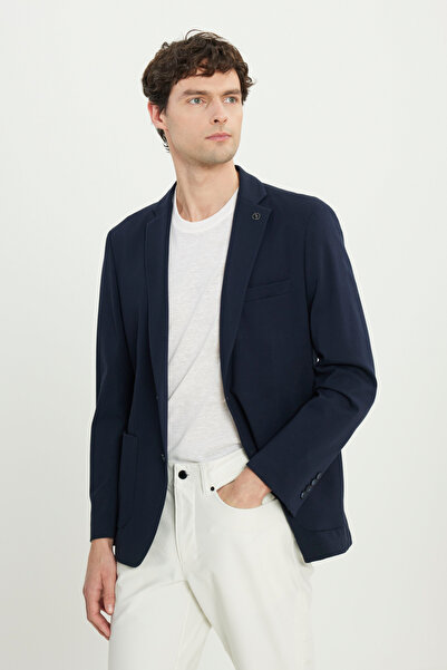 ALTINYILDIZ CLASSICS Men's Navy Blue Cotton Slim Fit Slim Fit Dobby Stretch Blazer Jacket with Pocket
