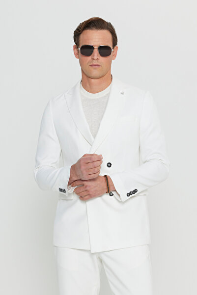 ALTINYILDIZ CLASSICS Men's Ecru Slim Fit Slim Fit Swallow Collar Blazer Jacket with Flap Pockets