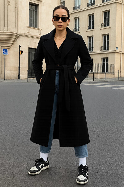 comstar Women's Double-Breasted Casual Trend Black Cashmere Coat