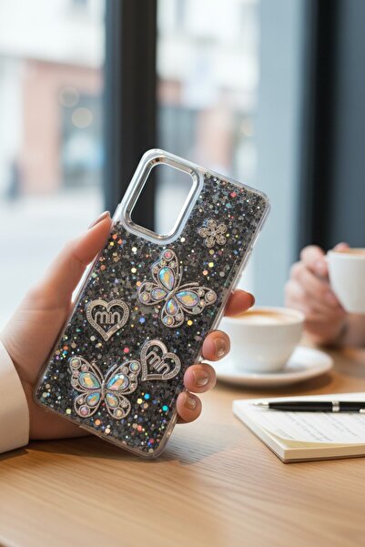 batuteknoloji Xiaomi Redmi Note 10 Pro Kelebek ve Kalp Kabartmalı Simli Taşlı BTU Şeffaf Silikon Kapak