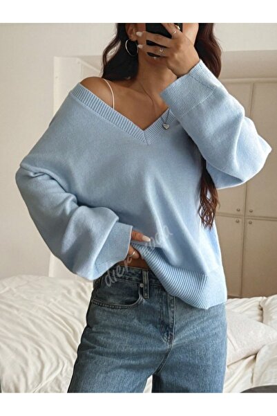 Dier Moda Жіночий синій светр з V-подібним вирізом Oversize, светр Fmoda1970