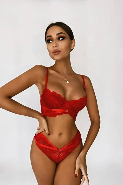Trendyup Fine Lace Underwear Set, Noir Lingerie, 2 pieces, Red