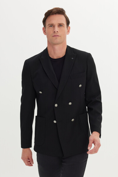 ALTINYILDIZ CLASSICS Men's Black Slim Fit Slim Fit Swallow Collar Dobby Pocket Double-Breasted Blazer Jacket