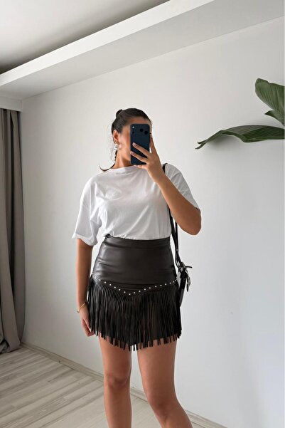 Güneş Püskül Detaylı Suni Deri Mini Etek