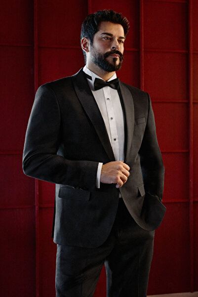 ALTINYILDIZ CLASSICS Erkek Siyah Slim Fit Dar Kesim Çıkma Şal Yaka Armürlü Damatlık Smokin Takımı