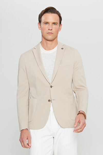 ALTINYILDIZ CLASSICS Men's Beige Cotton Slim Fit Slim Fit Dobby Stretch Blazer Jacket with Pocket