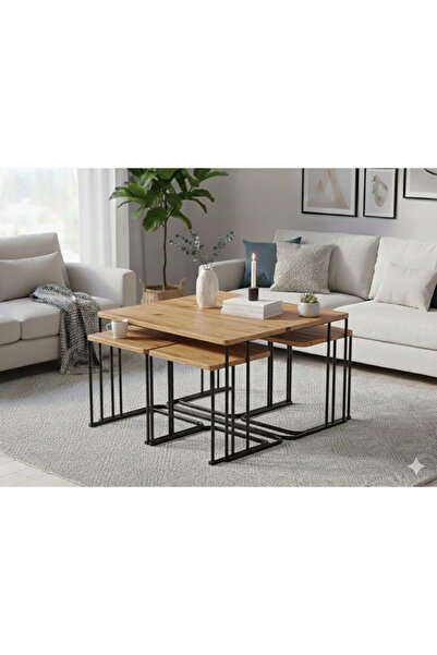 usta mekan Seul 5 li Tekerli Siyah Ceviz Yavrulu 4+1 Kare Orta Sehpa