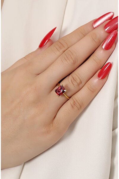 LİNOVE JEWELLERY 925 Ayar Gümüş Garnet Tektaş Yüzük, Gümüş Baget Yüzük, Garne...
