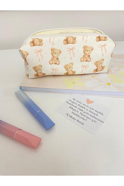 1çokşey Ayıcık Desenli Kalemlik Pencil Case – Teddy Bear Cute Kawaii Kalem Kutusu – Soft Pouch Makeup Bag