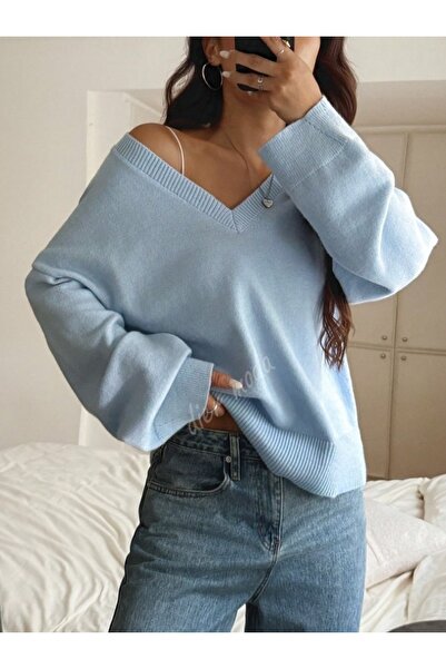 Dier Moda Жіночий синій светр з V-подібним вирізом Oversize, светр Fmoda1970