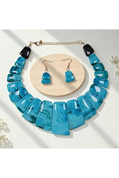 set.up Blue Color Glass Model Natural Stone Necklace Earring Set