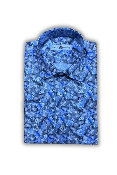 MDZ COLLECTION Gri Mavi Yaprak Desenli Uzun Kollu Normal Kesim Erkek Gömlek