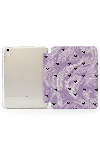 Fibaks iPad 11 A16 2025 10Th Generation 10.9 Case Lilac Colored White Bow Black Heart Patterned Pen Compartment Transparent