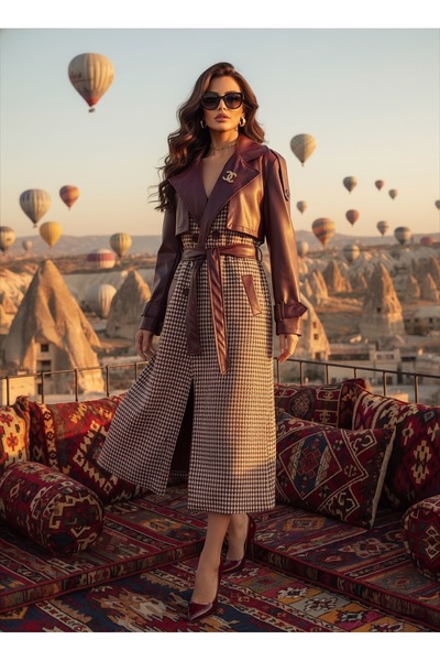 1Moda1Tarz Palton maxi în carouri cu design special, căptușit cu nasturi, cu detaliu din piele din țesătură importată