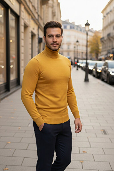 NAZEF Slim Fit 50% Cotton Yellow Turtleneck Sweater